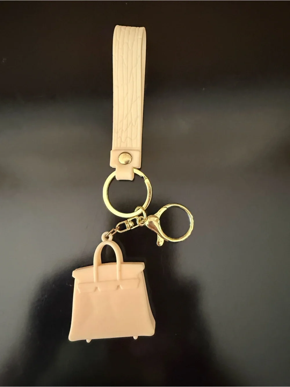 Beige Handbag Charm Silicone Keychain with Gold Hardware, NWOT